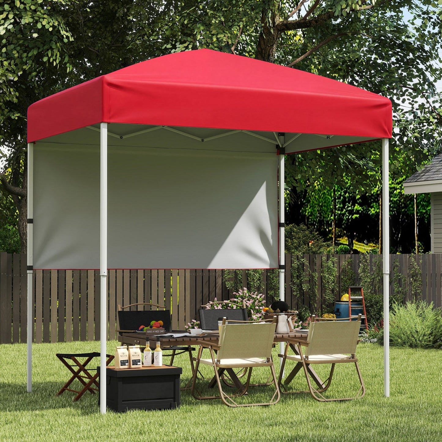 Pop-Up Canopy Tent 6x4 ft with Half Sidewall DirectDeals red canopy over white frame backyard setup on Tampa Home & Garden Store