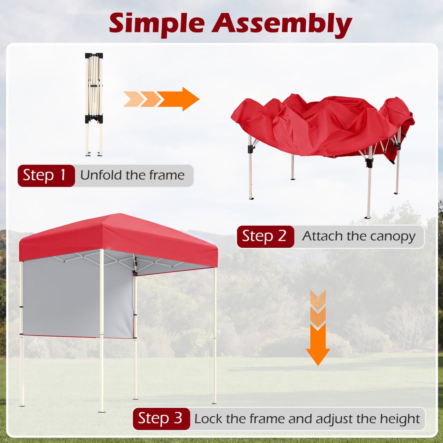 DirectDeals Pop-Up Canopy Tent 6x4 ft red canopy; folded frame beside setup steps on Tampa Home & Garden Store