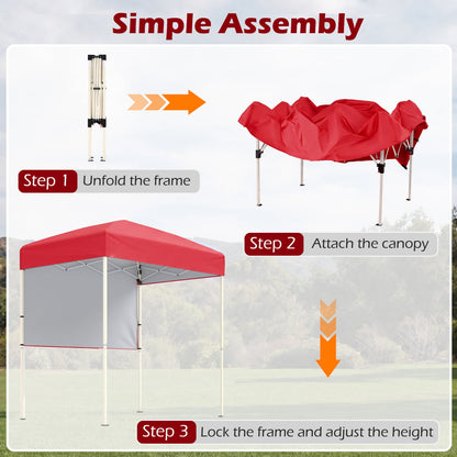 DirectDeals Pop-Up Canopy Tent 6x4 ft red canopy; folded frame beside setup steps on Tampa Home & Garden Store