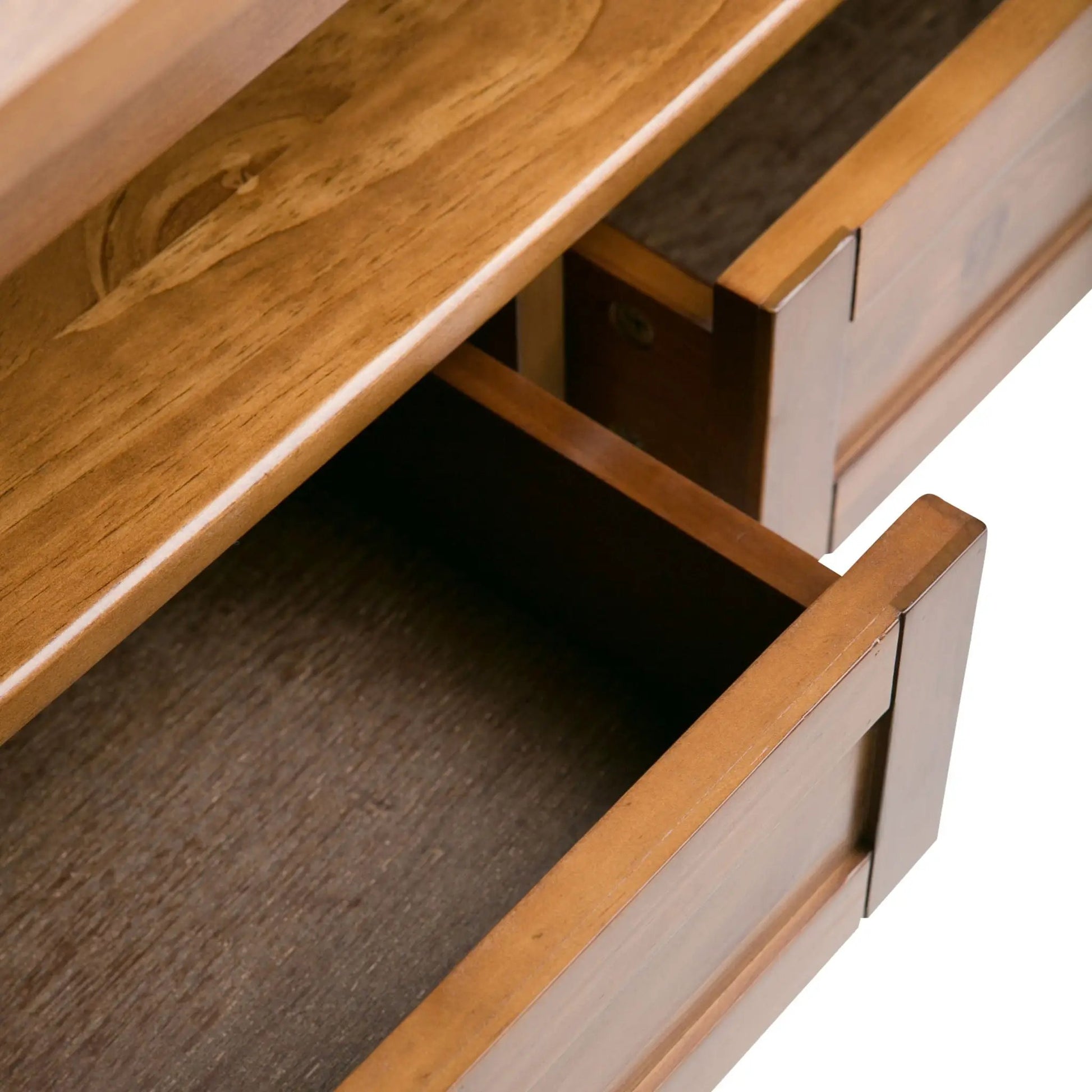 Warm Shaker coffee table in warm oak finish with open drawers by Unique Piece Furniture on Tampa Home & Garden Store