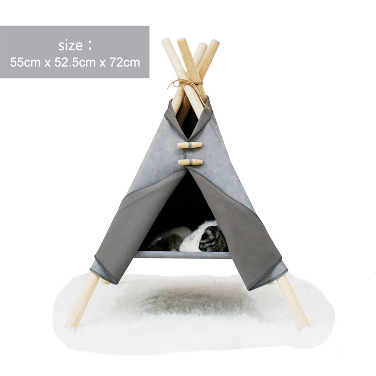 Cat tent bed teepee in gray fabric with natural wood poles and toggle closures; cat inside on Tampa Home & Garden Store