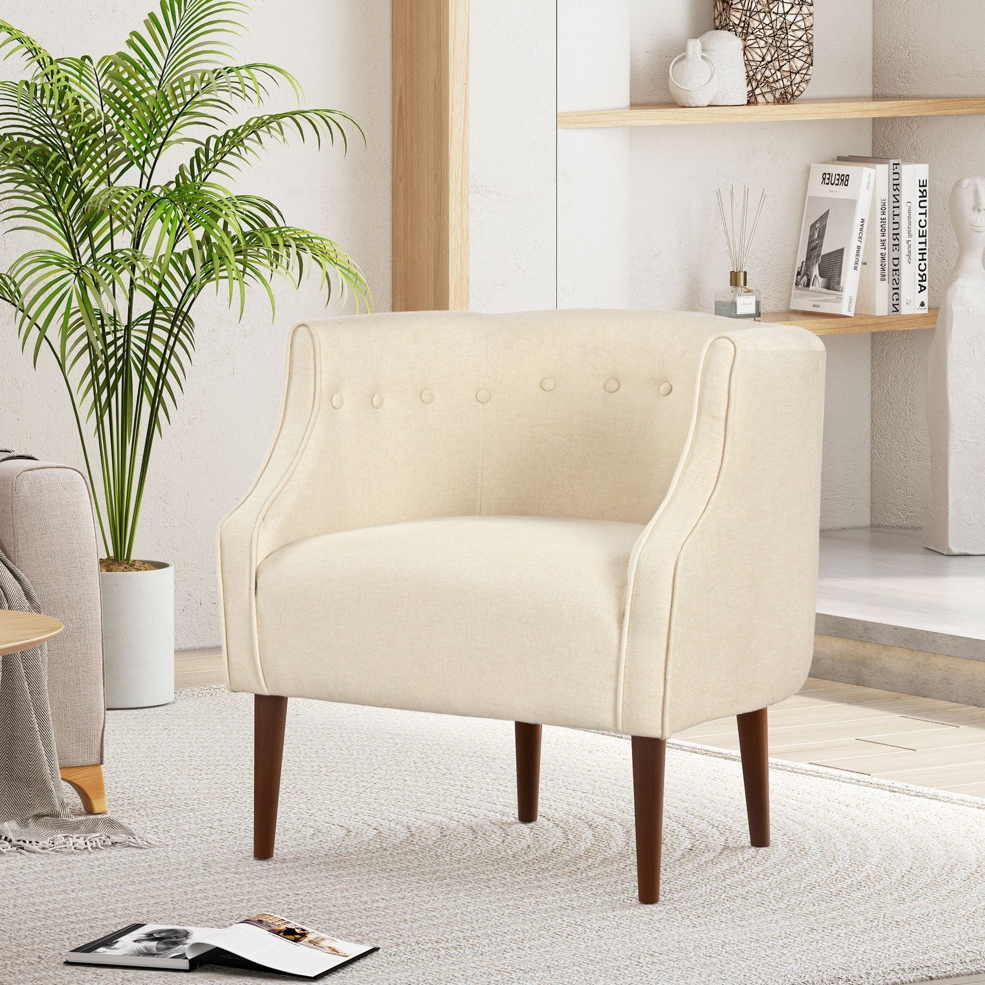 Contemporary Upholstered Club Chair With Button Tufting beige fabric wood legs HouseOfZazla on Tampa Home & Garden Store