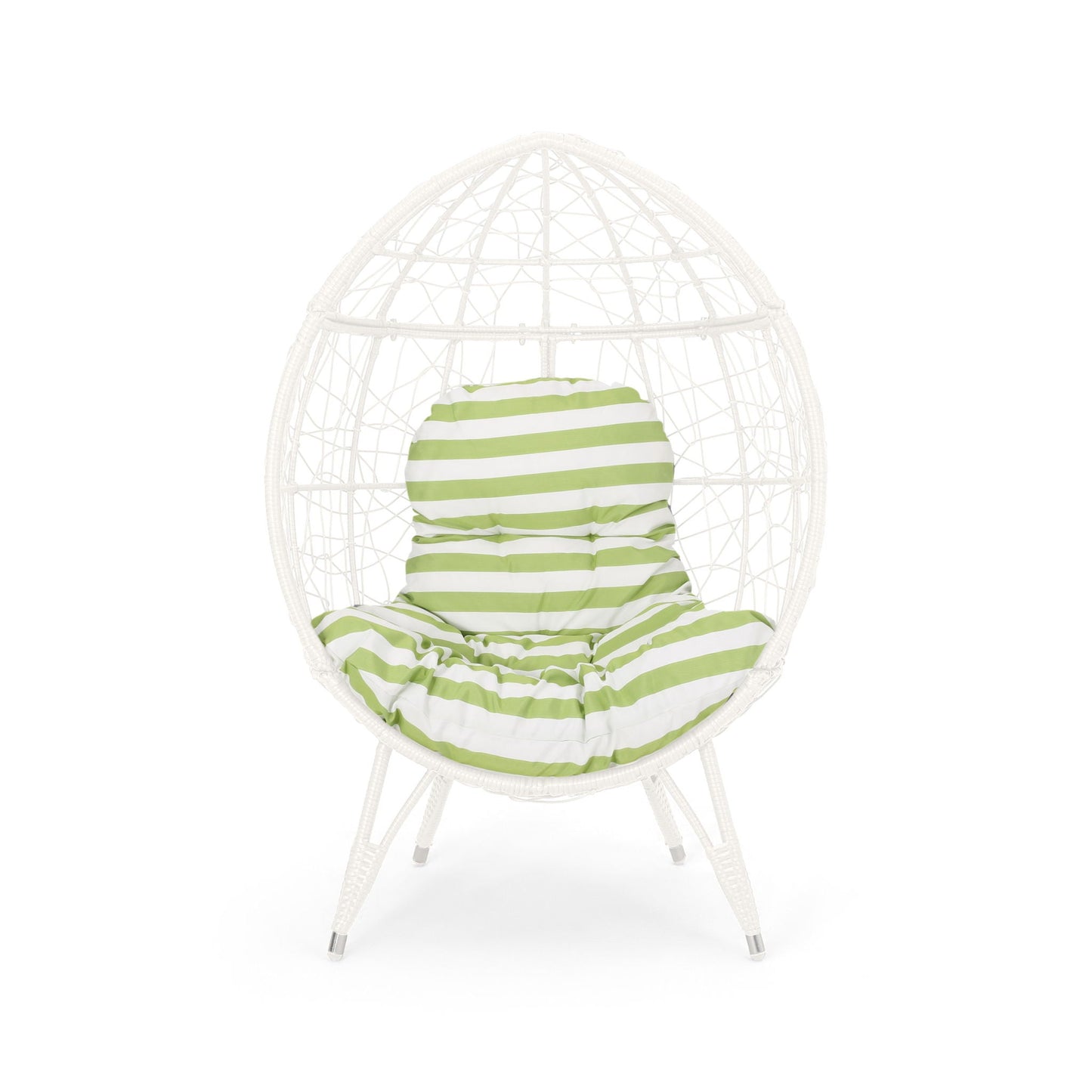 Cosmos round hammered-iron teardrop chair, white outdoor accent with green striped cushion on Tampa Home & Garden Store