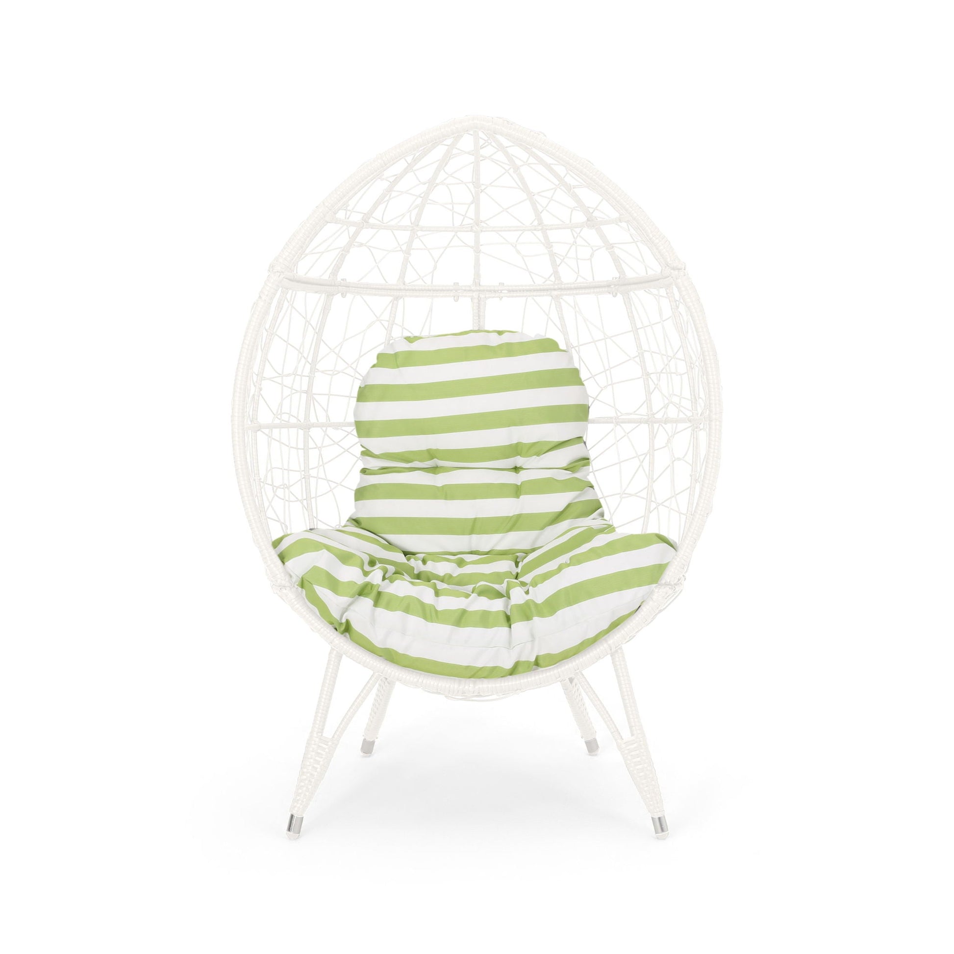 Cosmos round hammered-iron teardrop chair, white outdoor accent with green striped cushion on Tampa Home & Garden Store