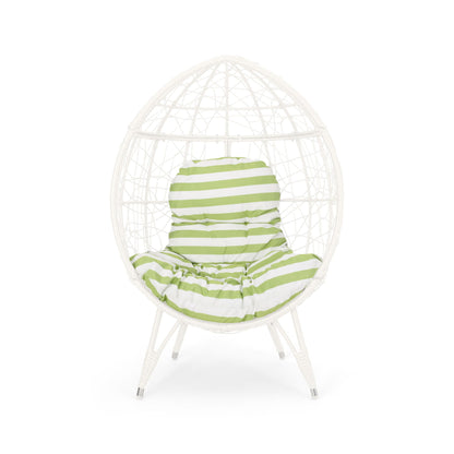 Cosmos round hammered-iron teardrop chair, white outdoor accent with green striped cushion on Tampa Home & Garden Store
