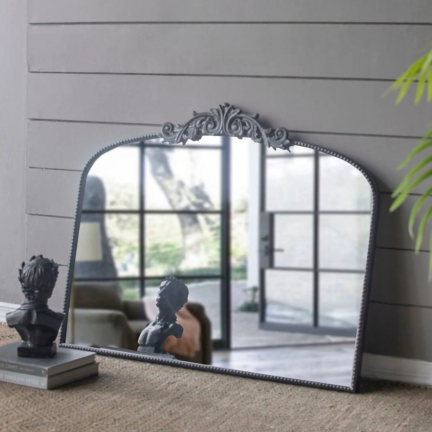Arch Mirror with ornate Baroque crest and silver frame for wall decor on Tampa Home & Garden Store