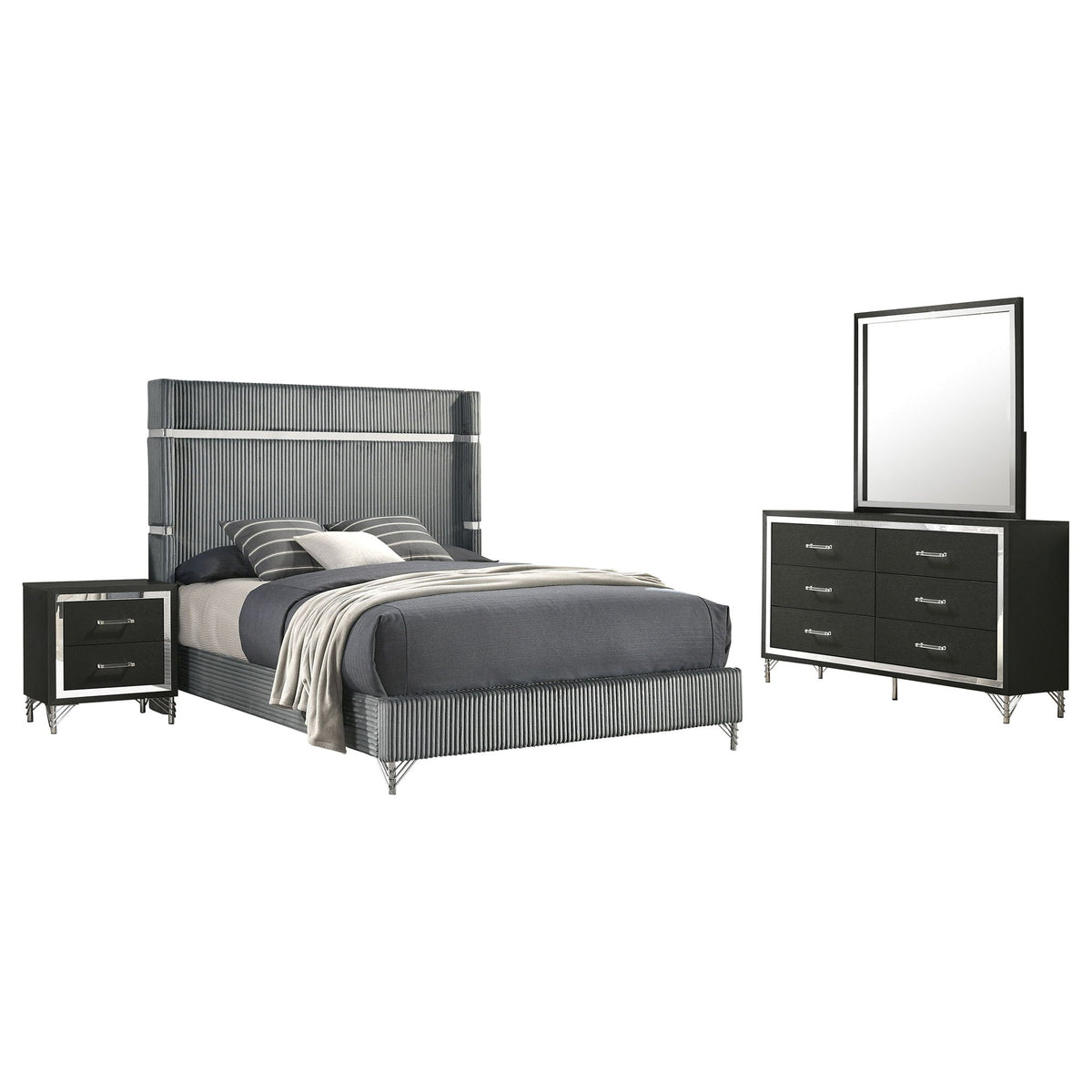 Malcolm 5-Piece Bedroom Set with wingback gray bed, dresser and black nightstands by HouseOfZazla on Tampa Home & Garden Store