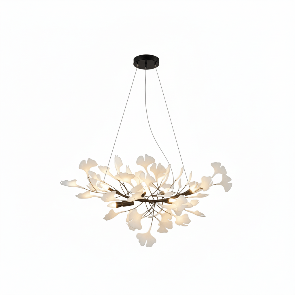 Chandelier Moktan Sabai porcelain ginkgo leaf design with flexible branches, white leaves on Tampa Home & Garden Store