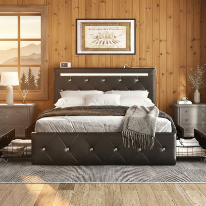 Upholstered Bed Frame with LED Lights Storage