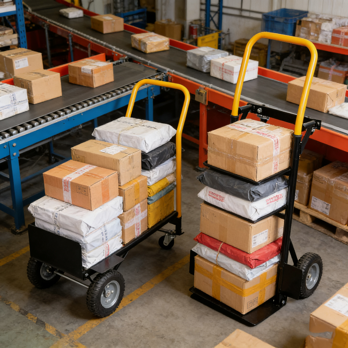 Two HouseOfZazla heavy duty hand truck dollies with yellow frames on conveyor on Tampa Home & Garden Store