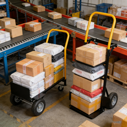 Two HouseOfZazla heavy duty hand truck dollies with yellow frames on conveyor on Tampa Home & Garden Store