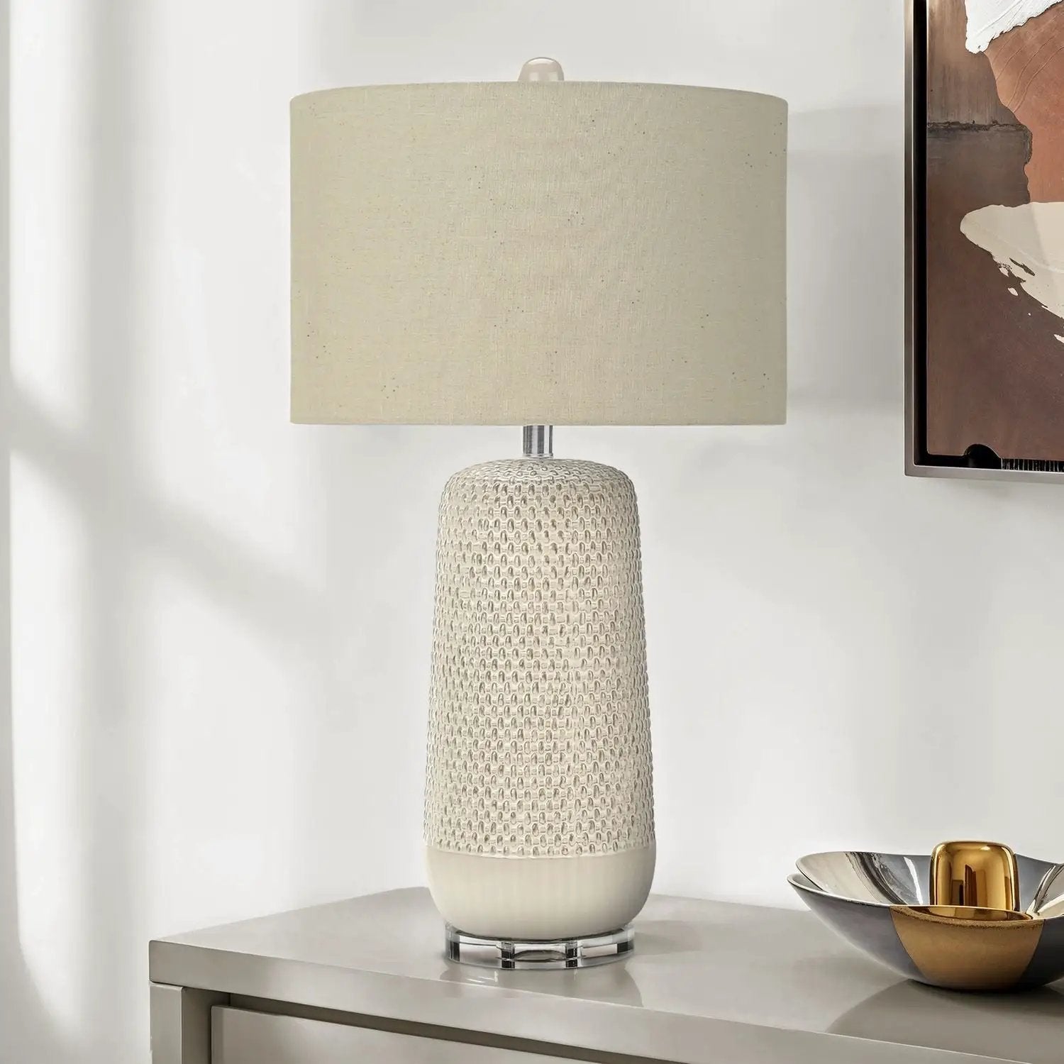Table lamp ceramic cream textured base with beige linen shade by Unique Piece Furniture on Tampa Home & Garden Store