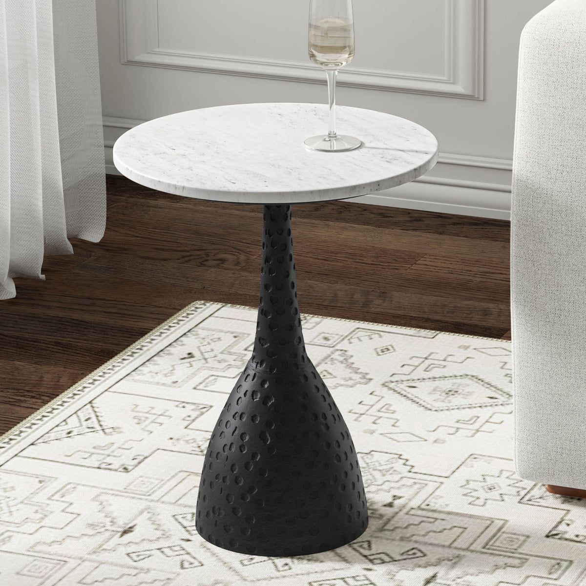 Black Marble Side Table with Hammered Aluminum Base by HouseOfZazla with champagne glass on Tampa Home & Garden Store