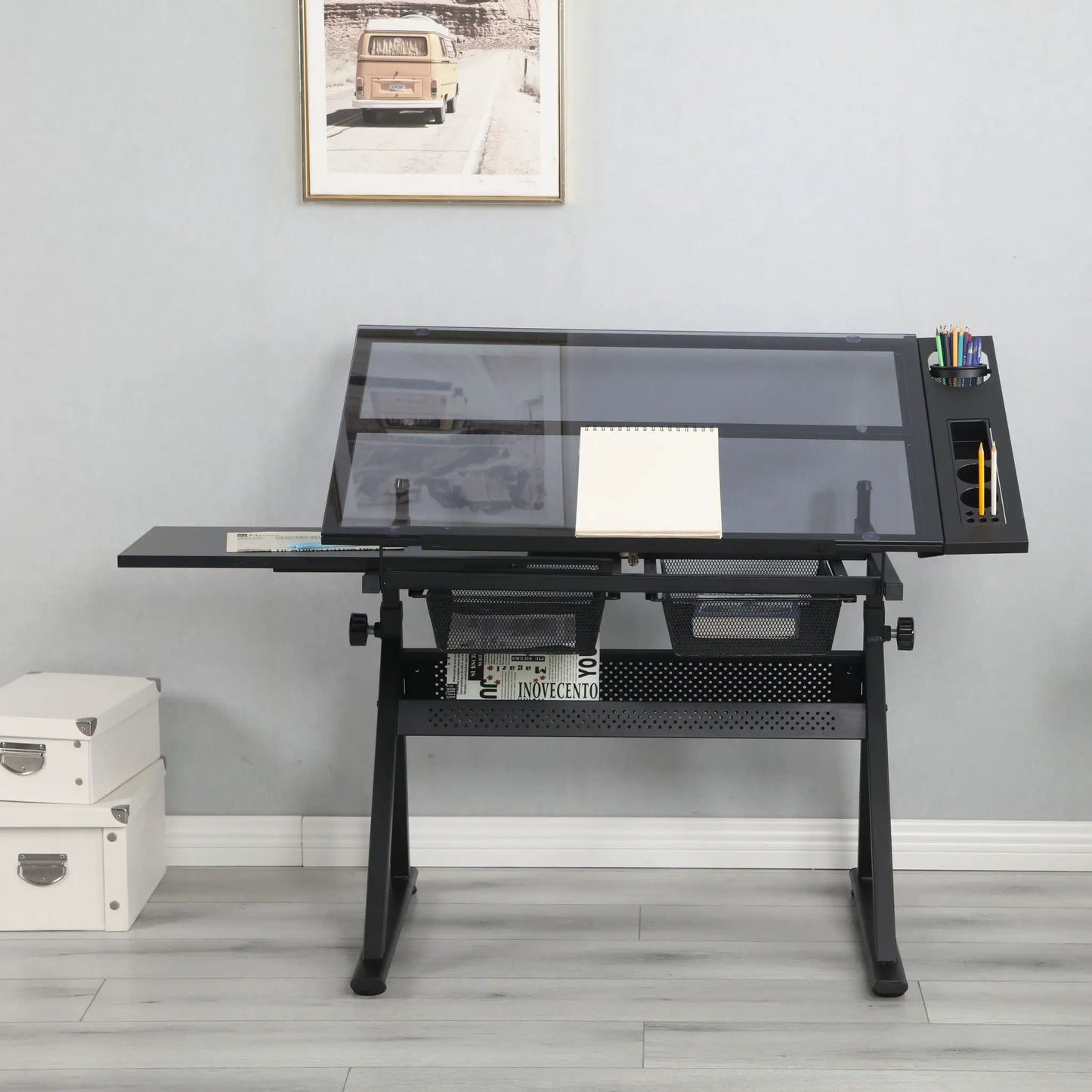 Adjustable Glass Drafting Table with Chair