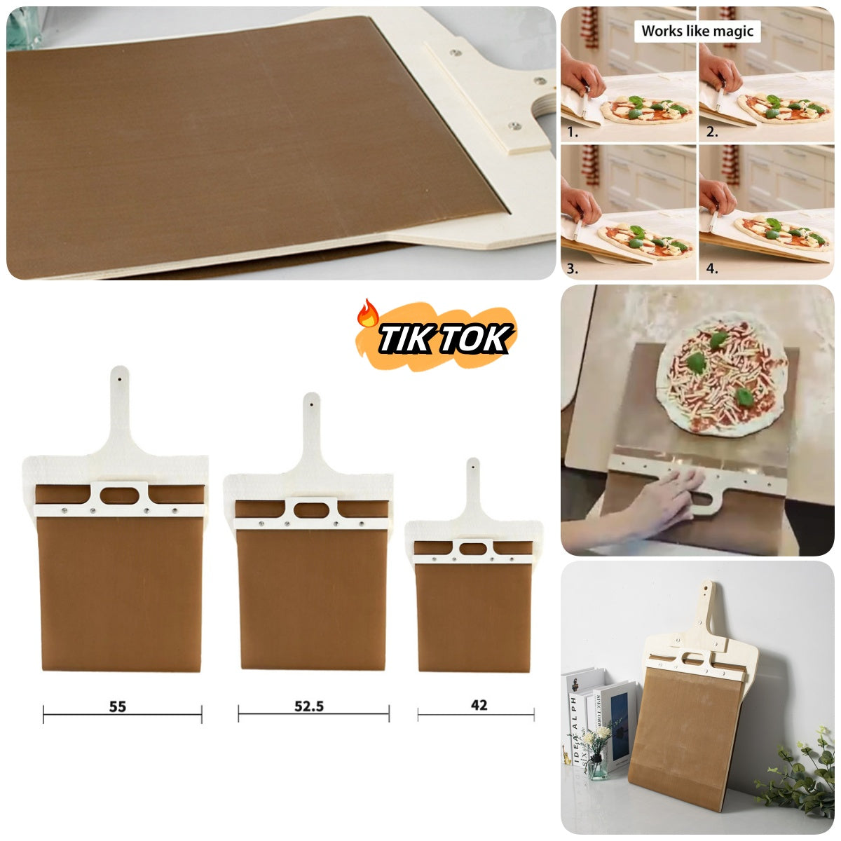 3-size sliding pizza peel set by Perfecsy, wooden handle, brown storage boards on Tampa Home & Garden Store