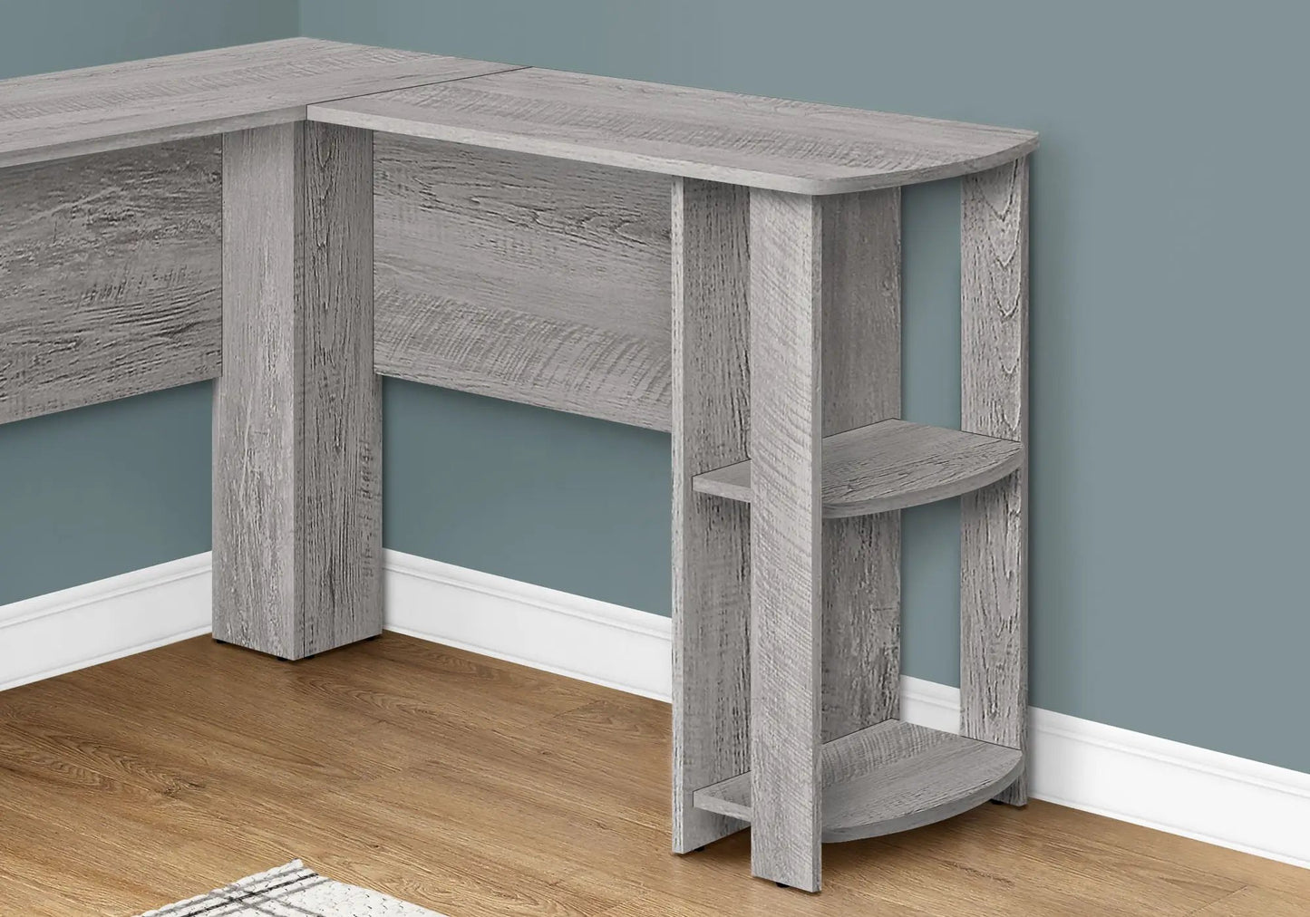 Corner desk gray wood grain, L-shaped with built-in storage shelves, Unique Piece Furniture on Tampa Home & Garden Store
