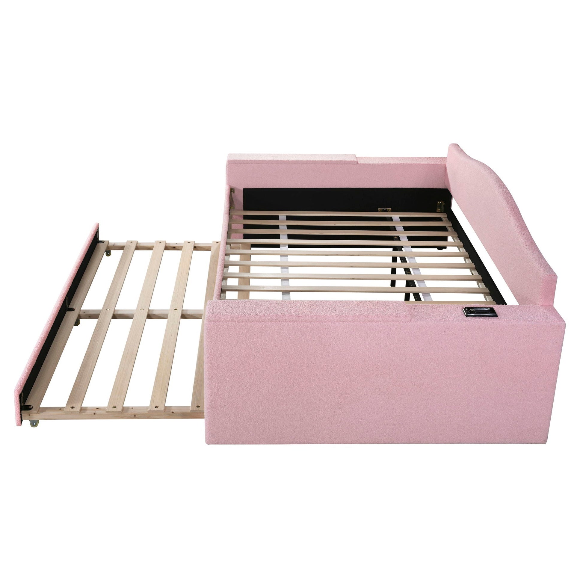 Upholstered pink daybed with storage armrests and trundle, wood slat base by HouseOfZazla on Tampa Home & Garden Store