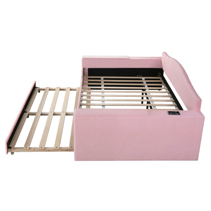 Upholstered pink daybed with storage armrests and trundle, wood slat base by HouseOfZazla on Tampa Home & Garden Store