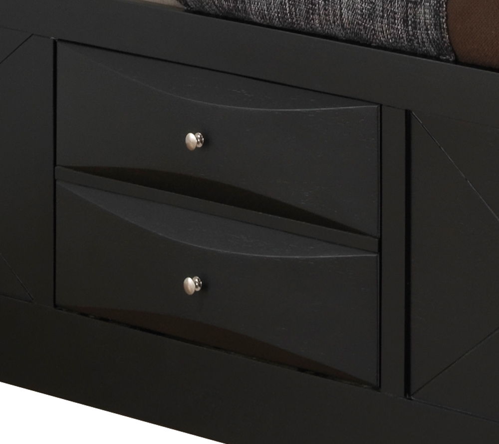 Modern storage bed with bookcase headboard, black finish, curved drawers with silver knobs on Tampa Home & Garden Store