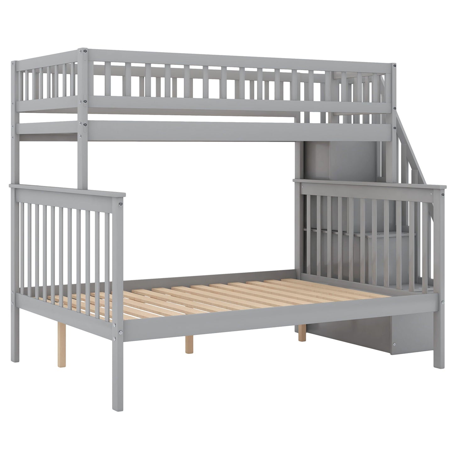 Bunk bed with staircase by HouseOfZazla, gray wood twin over twin with guardrails on Tampa Home & Garden Store