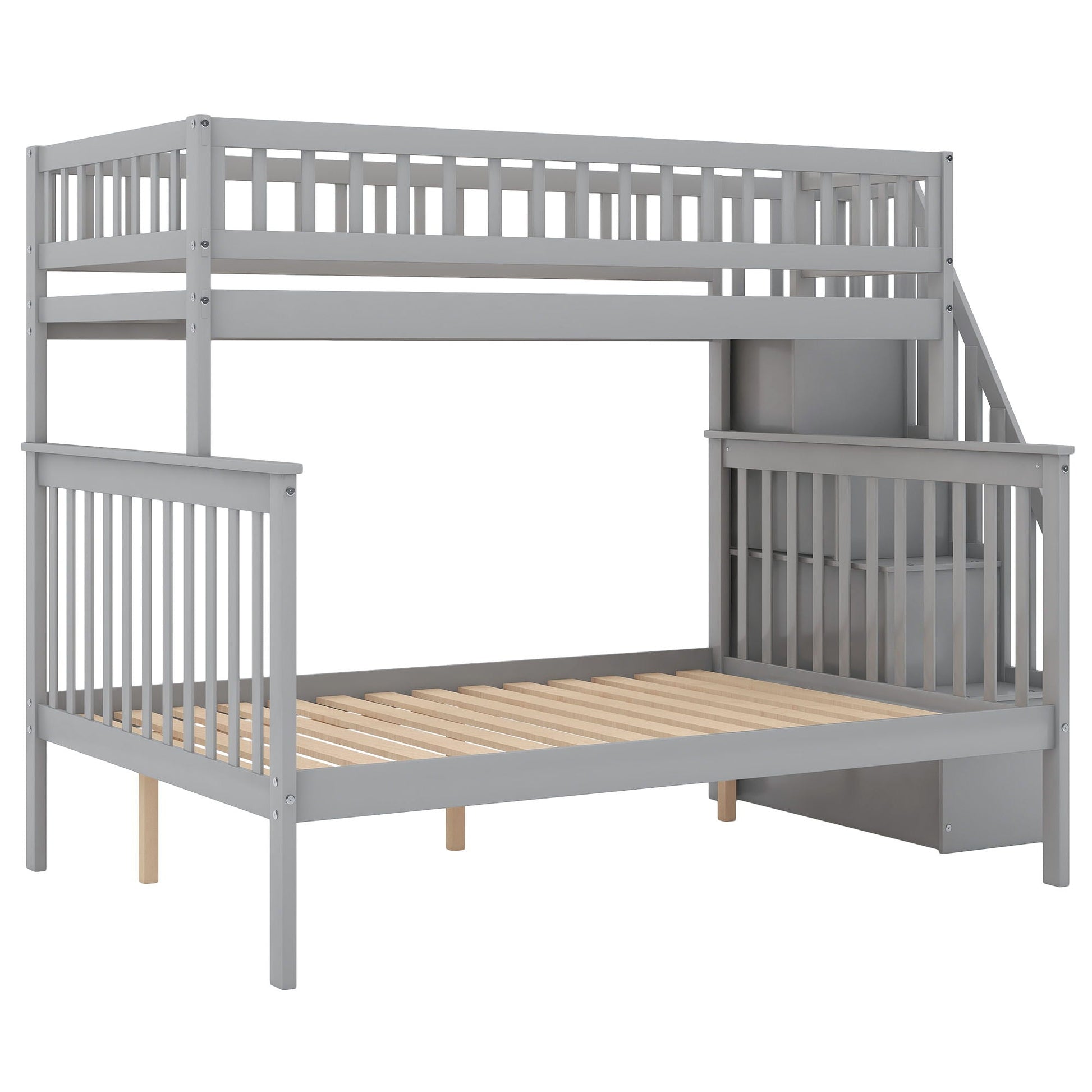 Bunk bed with staircase by HouseOfZazla, gray wood twin over twin with guardrails on Tampa Home & Garden Store