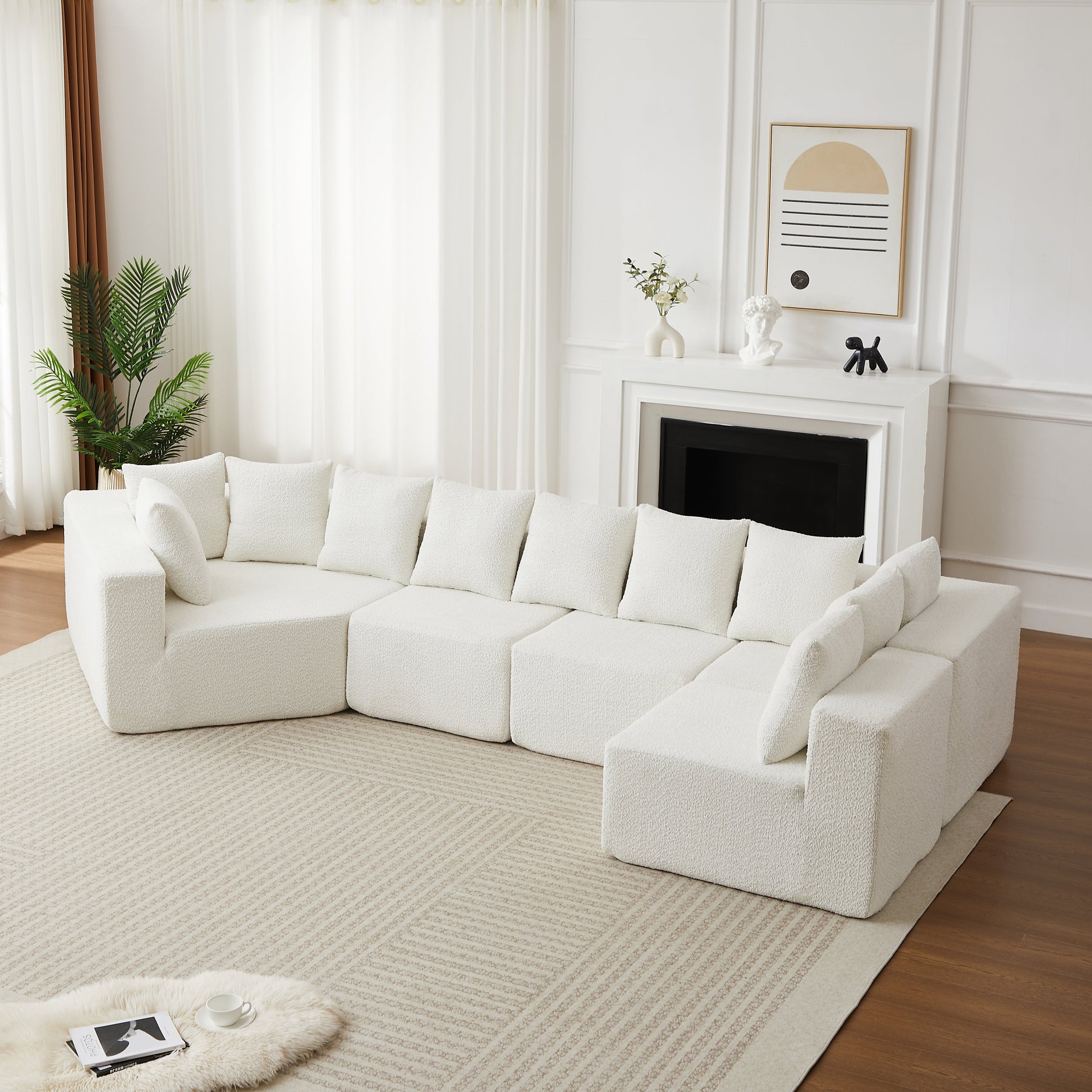 151.6-Inch Extra-Large L-Shaped Chenille Sectional Sofa ivory white fabric on Tampa Home & Garden Store