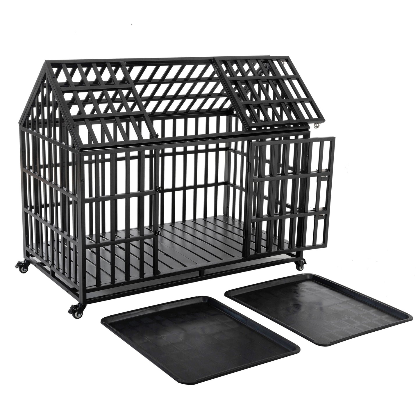 Heavy duty black metal dog crate on wheels with lockable casters and two floor trays on Tampa Home & Garden Store