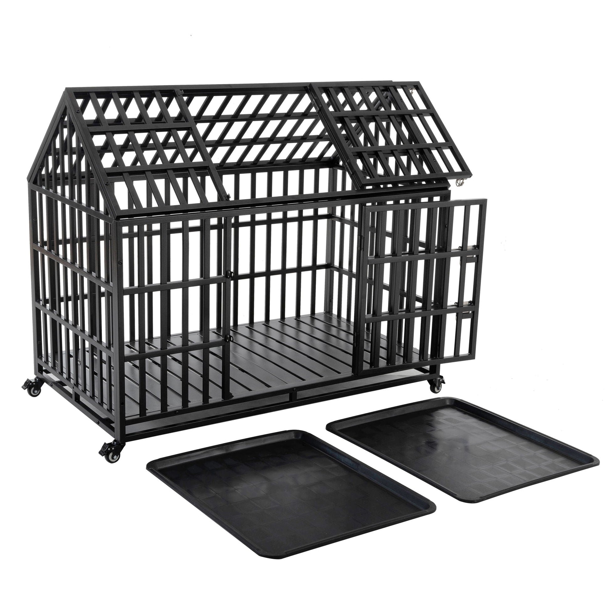 Heavy duty black metal dog crate on wheels with lockable casters and two floor trays on Tampa Home & Garden Store