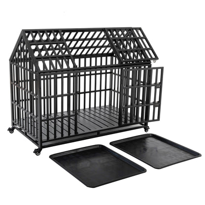 Heavy duty black metal dog crate on wheels with lockable casters and two floor trays on Tampa Home & Garden Store