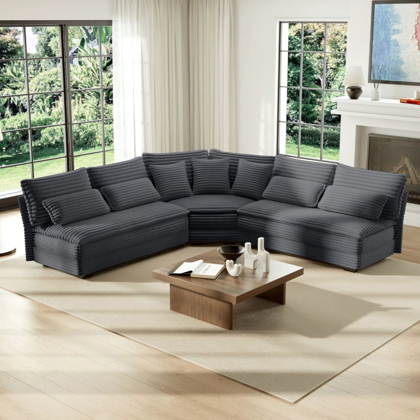 5 Seater L-Shaped Sectional Sofa with Curved Corner dark charcoal fabric with 7 pillows on Tampa Home & Garden Store