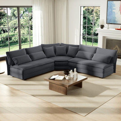 5 seater L-shaped sectional sofa with curved corner and 7 pillows in dark gray fabric on Tampa Home & Garden Store