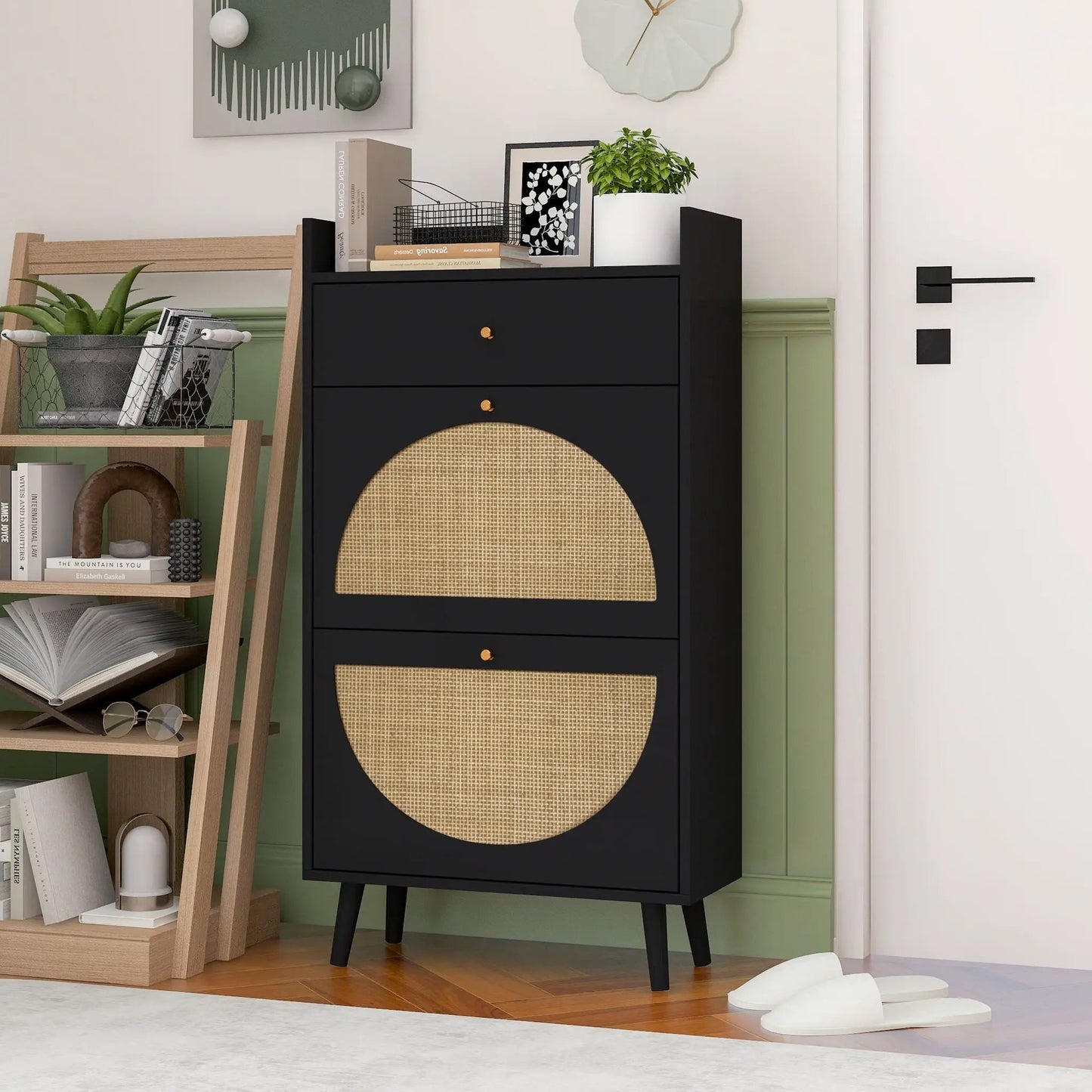 Allen Rattan 2-Door 1-Drawer Cabinet in black with woven rattan panels Unique Piece Furniture on Tampa Home & Garden Store