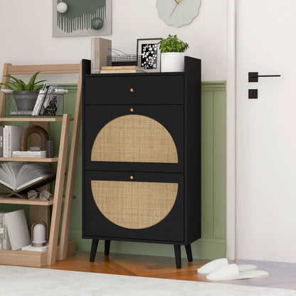 Allen Rattan 2-Door 1-Drawer Cabinet in black with woven rattan panels Unique Piece Furniture on Tampa Home & Garden Store