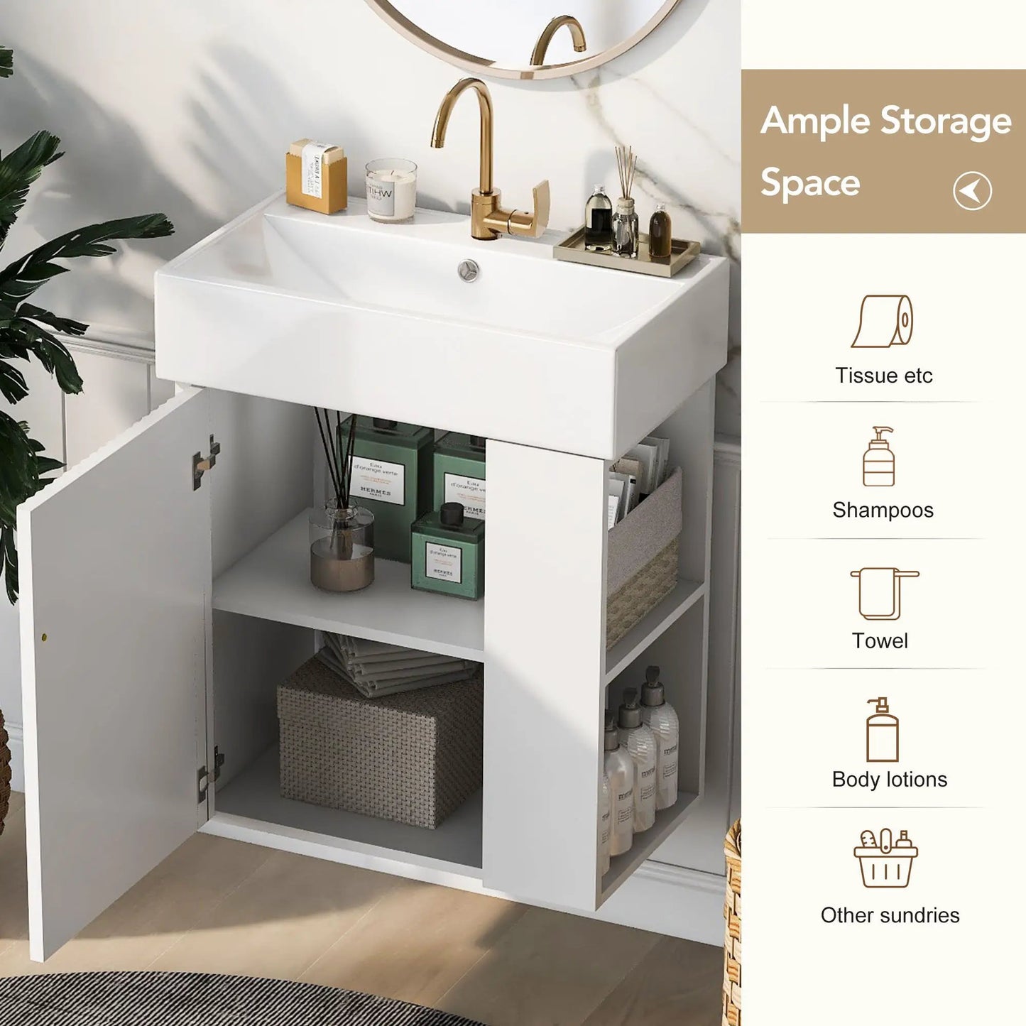 Compact Modern Floating Vanity with Ceramic Basin