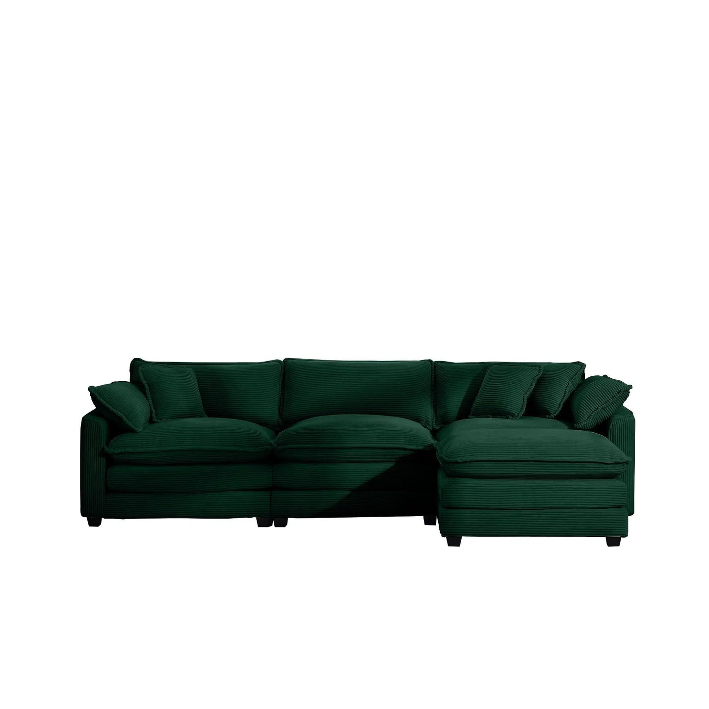 Modern oversized modular cushion sofa with ottoman in deep green upholstery, low back on Tampa Home & Garden Store