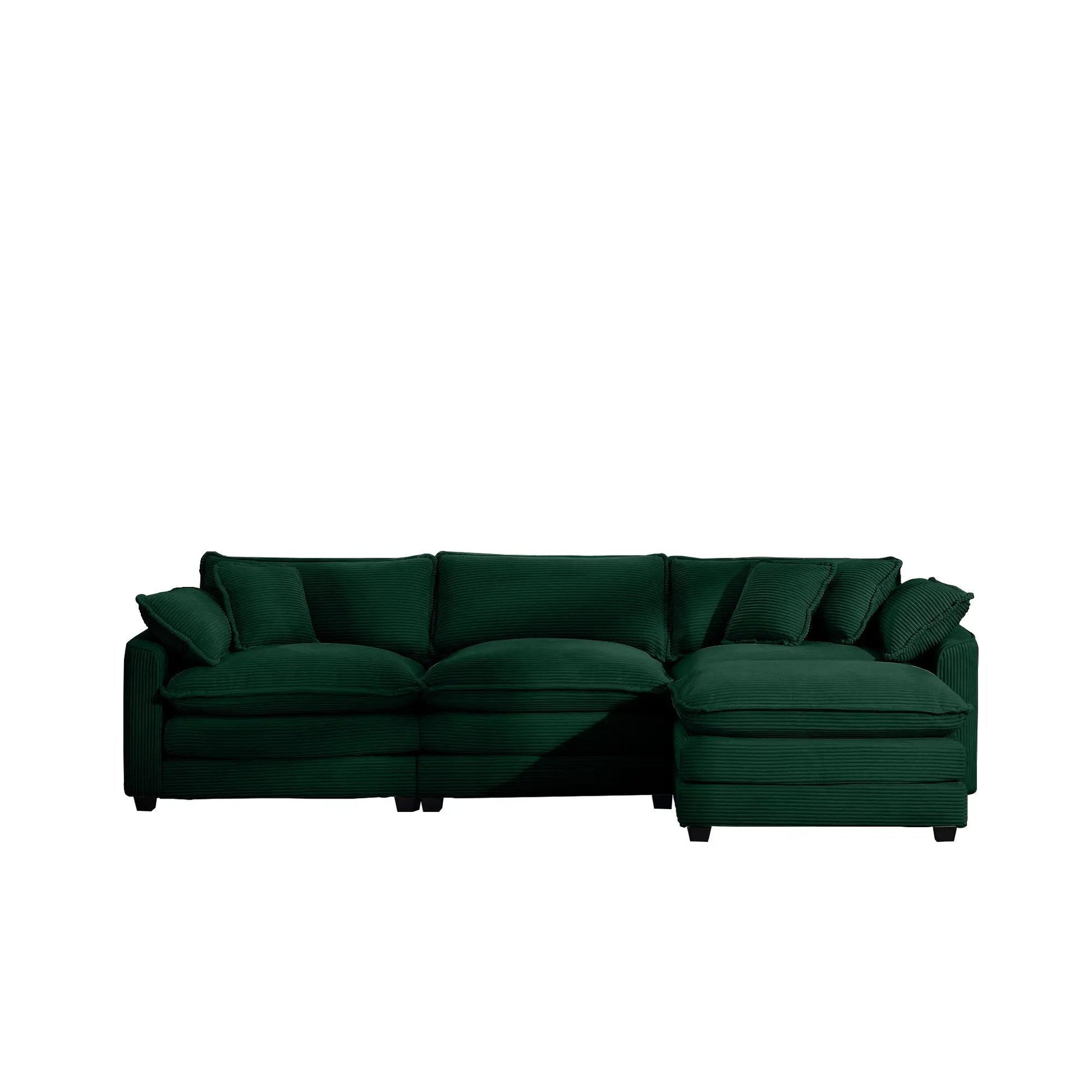 Modern oversized modular cushion sofa with ottoman in deep green upholstery, low back on Tampa Home & Garden Store