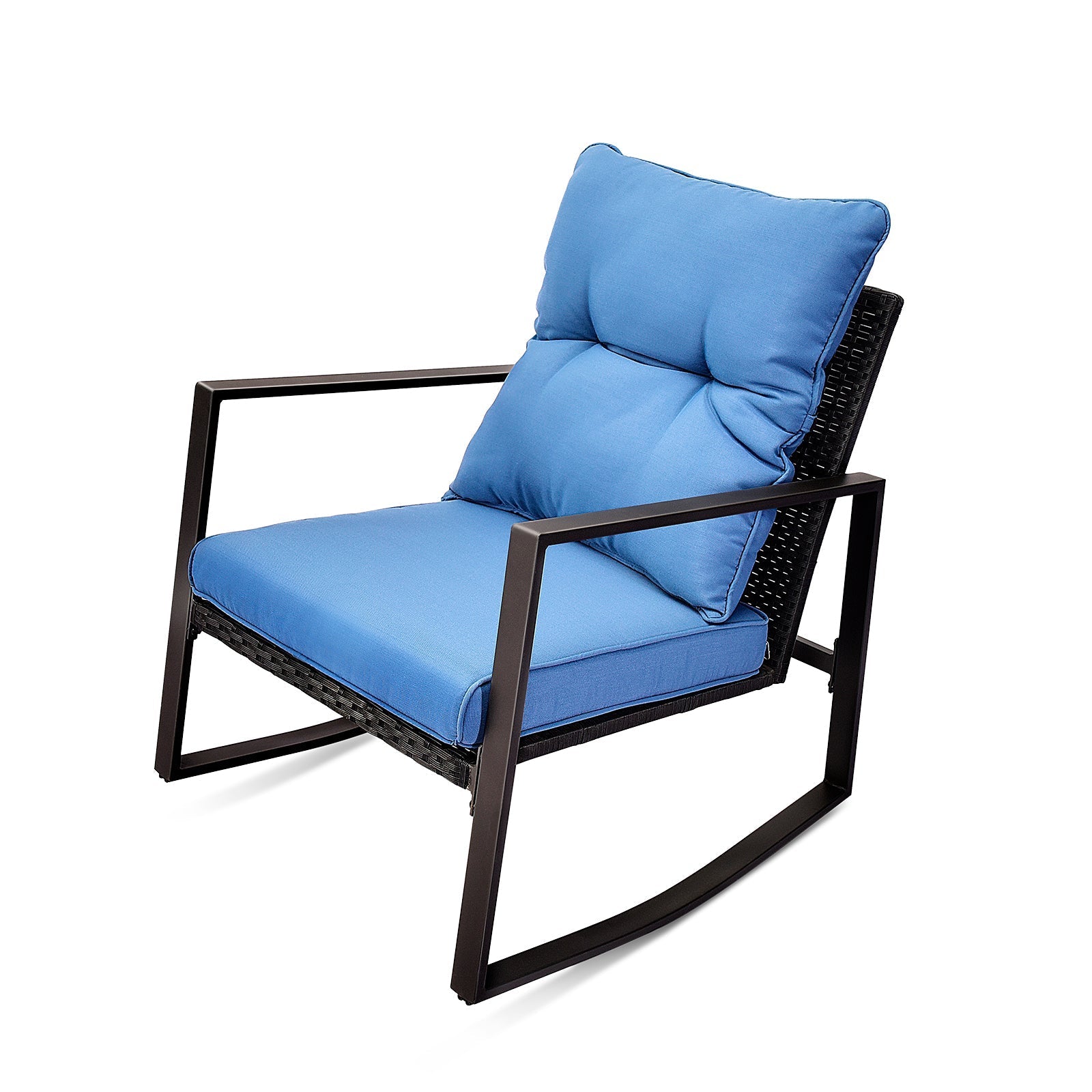 Outdoor rocking chair with blue cushions, black metal frame and woven wicker seat on Tampa Home & Garden Store