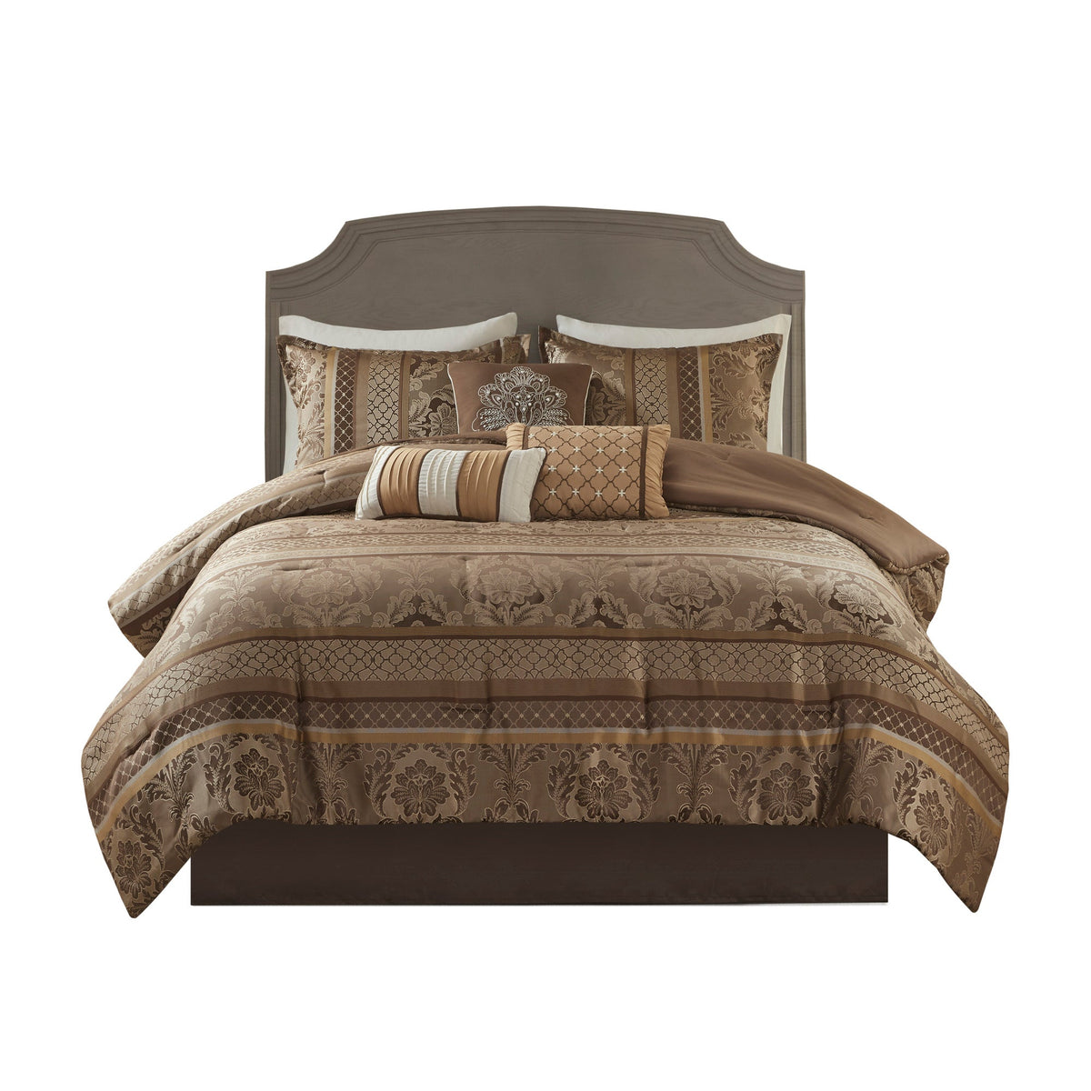 7 Piece Jacquard Comforter Set Brown/Gold Cal King with damask bedding and pillows on Tampa Home & Garden Store