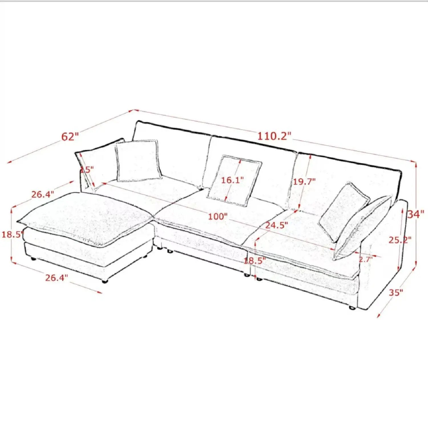 L-shaped sectional sofa with ottoman, 2pc set, convertible 4-seater Unique Piece Furniture on Tampa Home & Garden Store