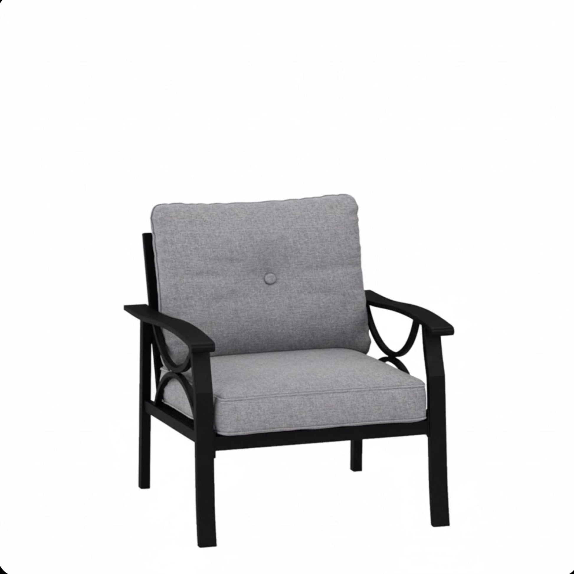 All-Weather Armchairs With Cushions, set of 2; black frame, gray cushions, outdoor chairs on Tampa Home & Garden Store