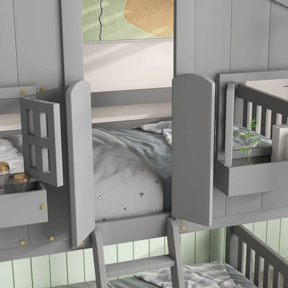 House bunk bed with roof, window, window box, door, safety guardrails and ladder in gray on Tampa Home & Garden Store