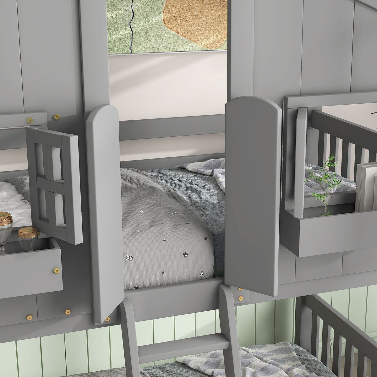 HouseOfZazla gray bunk bed frame with safety guardrails and ladder on Tampa Home & Garden Store