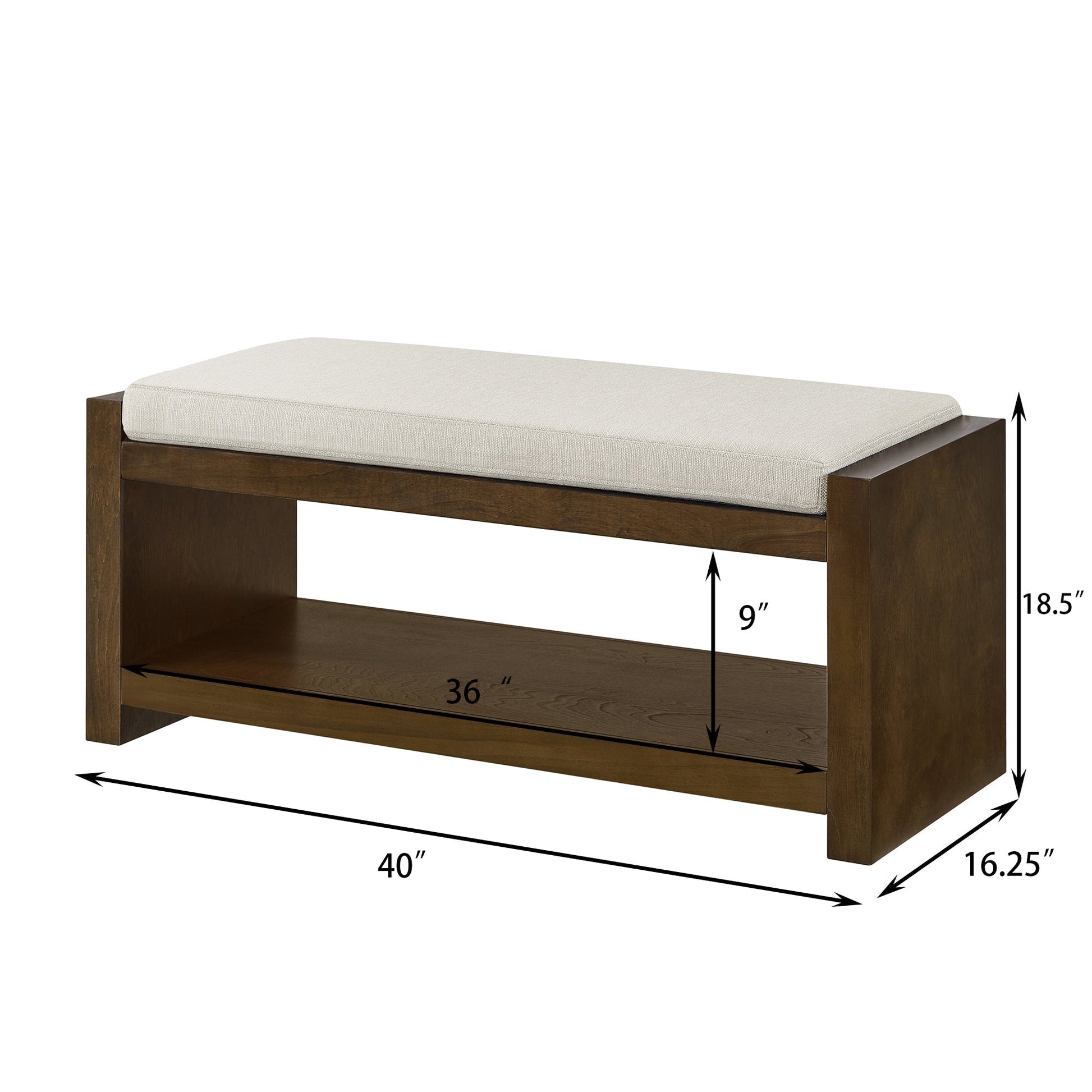 40in accent bench with lower shelf shoe rack, dark wood frame and beige cushion on Tampa Home & Garden Store