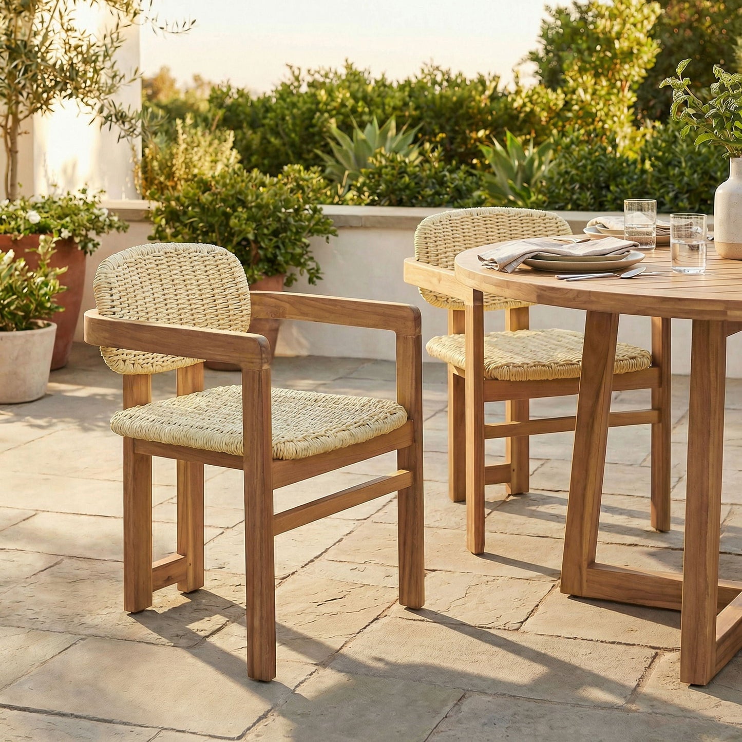 Outdoor Accent Armchairs Set of 2 in natural teak with woven cane seats and backs around a round table on patio on Tampa Home & Garden Store