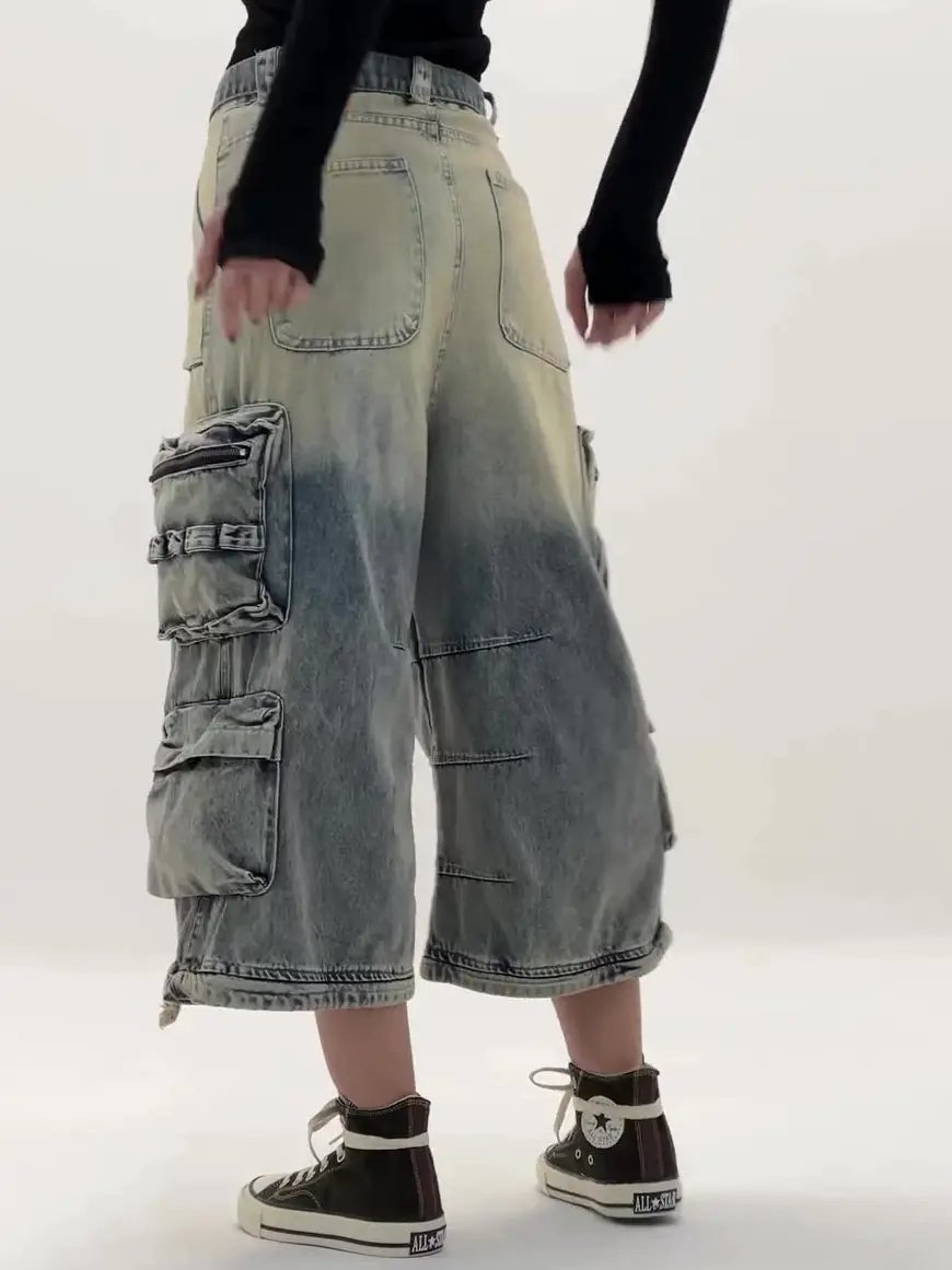 High-Waisted Ombre Cargo Jeans FLIPSTYLEZLLC with multiple pockets, light denim, wide-leg on Tampa Home & Garden Store