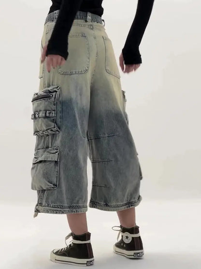 High-Waisted Ombre Cargo Jeans FLIPSTYLEZLLC with multiple pockets, light denim, wide-leg on Tampa Home & Garden Store