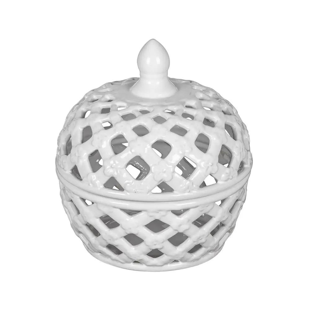 Ceramic lidded jar with lattice design in white glaze, Unique Piece Furniture on Tampa Home & Garden Store