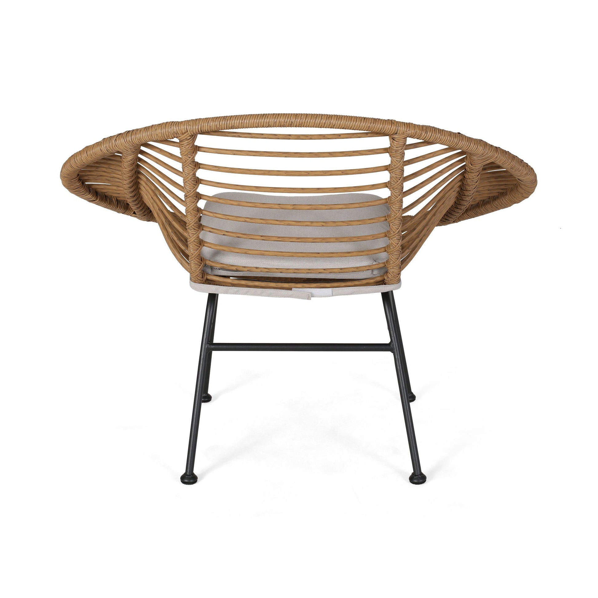 Cordella outdoor woven wicker chairs with light gray cushions and black metal legs set of 2 on Tampa Home & Garden Store