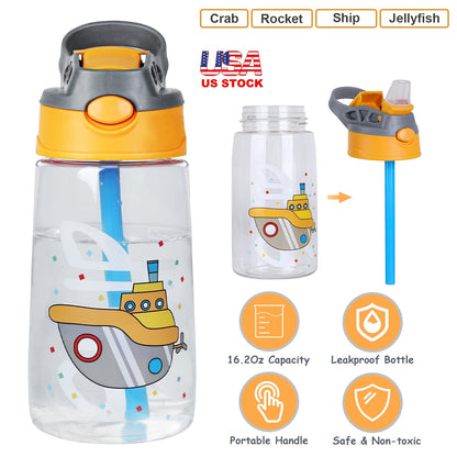 Kids water bottle GemGear 16.2oz leak-proof with straw, cap featuring ship graphic on Tampa Home & Garden Store