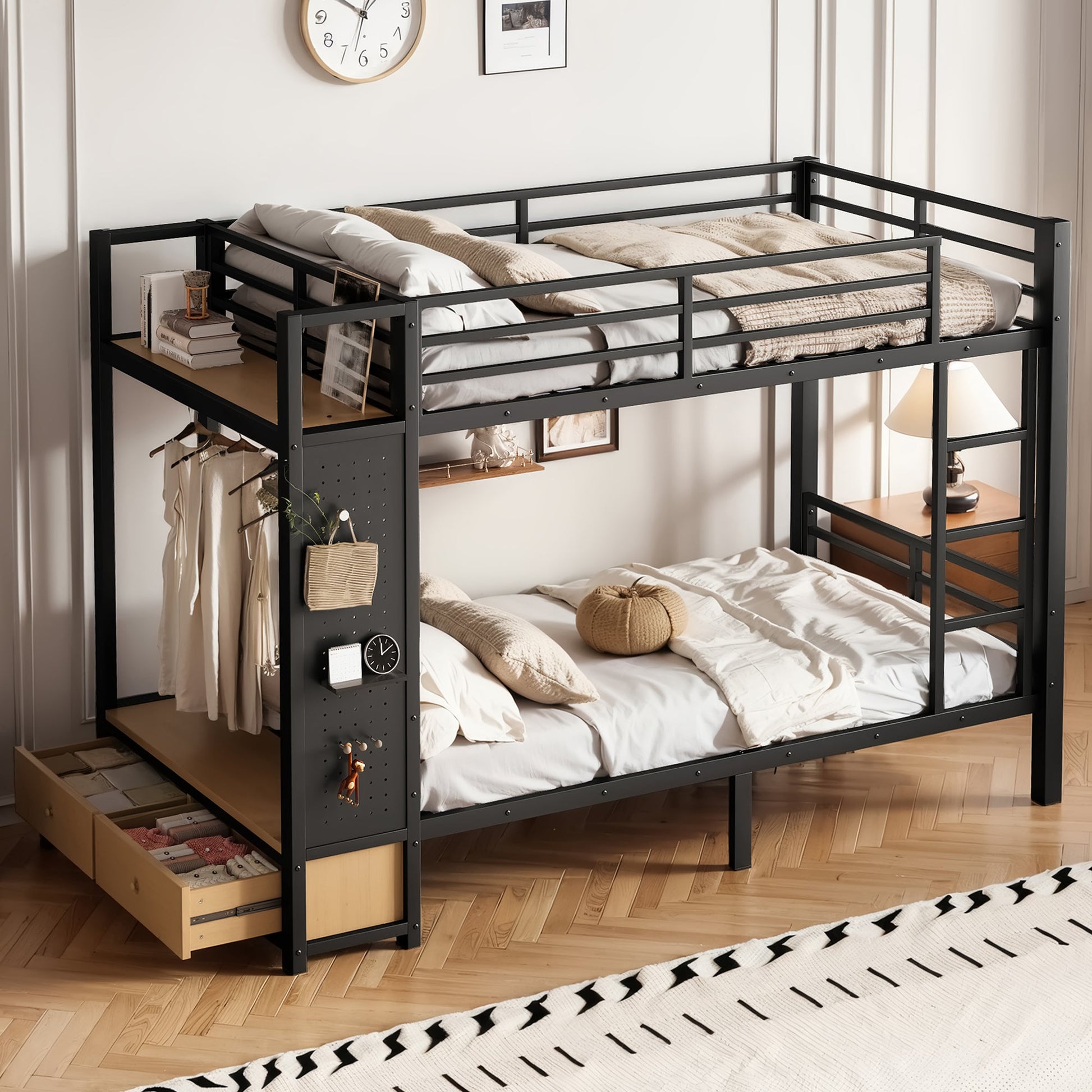 Twin XL over twin XL metal bunk bed with storage shelves in black by HouseOfZazla on Tampa Home & Garden Store